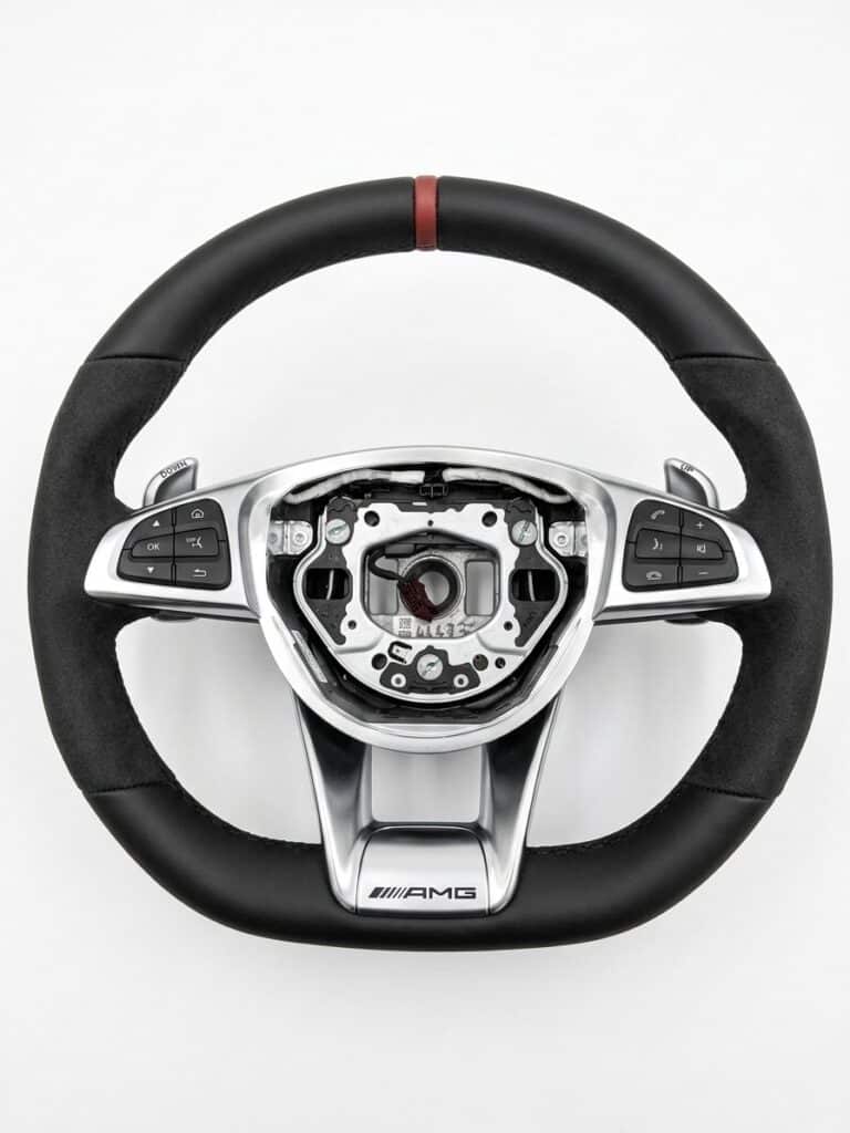 Перетяжка руля Mercedes C63: кожа Nappa Wollsdorf и Alcantara с красной нулевой отметкой